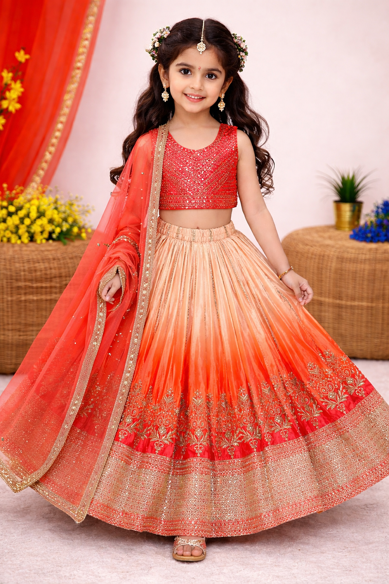 Evanik Orange Designer Chinon Silk Embroidered Work Wedding Lehenga Choli For Kids - Dista