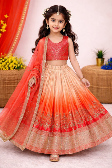 Evanik Orange Designer Chinon Silk Embroidered Work Wedding Lehenga Choli For Kids - Dista