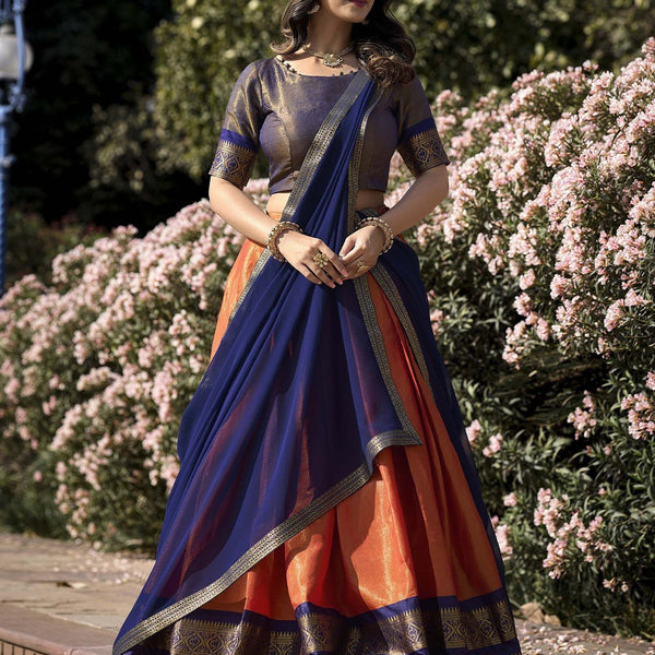 Lorenvalley Orange Kanchipuram Zari Weaving Work Lehenga Choli with Dupatta - Distacart