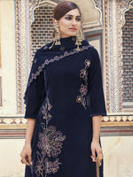 Thumbnail for Jyoti Fashion Women's Navy Blue Velvet Resham Thread with Jari & Sequin Kurta with Trouser & Dupatta - Distacart