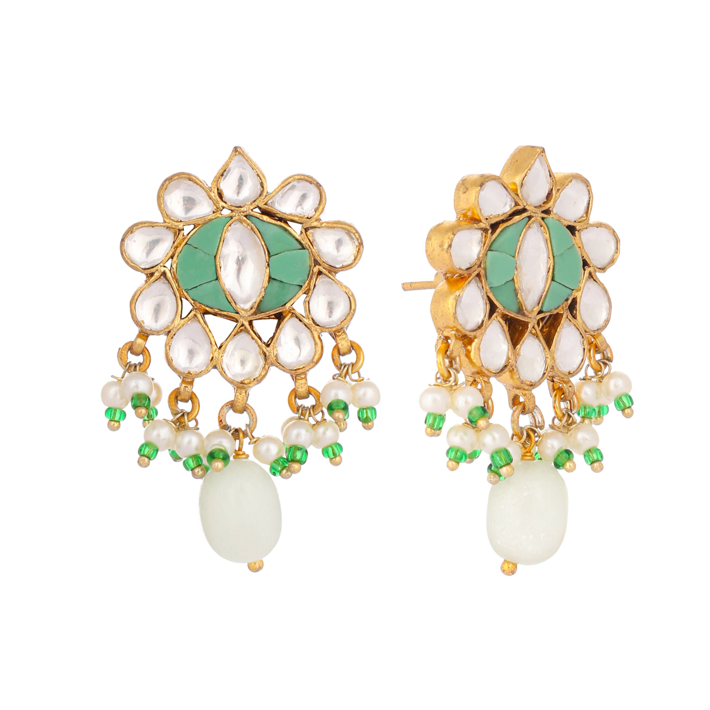 Nuyug 22K Gold Plated Semi Precious Green Stone Studded Pearl Drop Stud Earrings