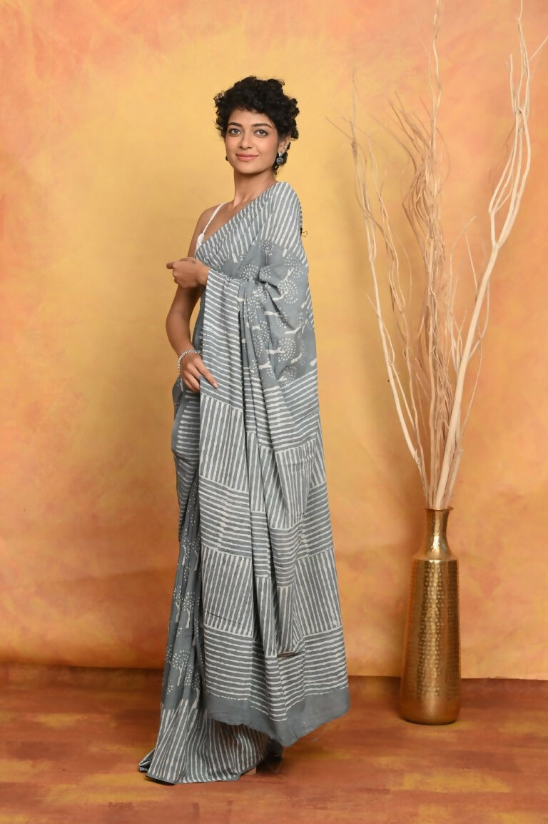 Very Much Indian Handblock Printed Cotton Saree With Natural Dyes - Grey - Distacart