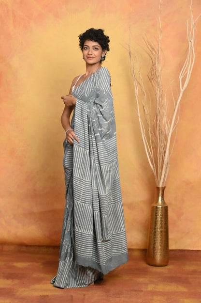 Very Much Indian Handblock Printed Cotton Saree With Natural Dyes - Grey - Distacart