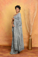 Thumbnail for Very Much Indian Handblock Printed Cotton Saree With Natural Dyes - Grey - Distacart