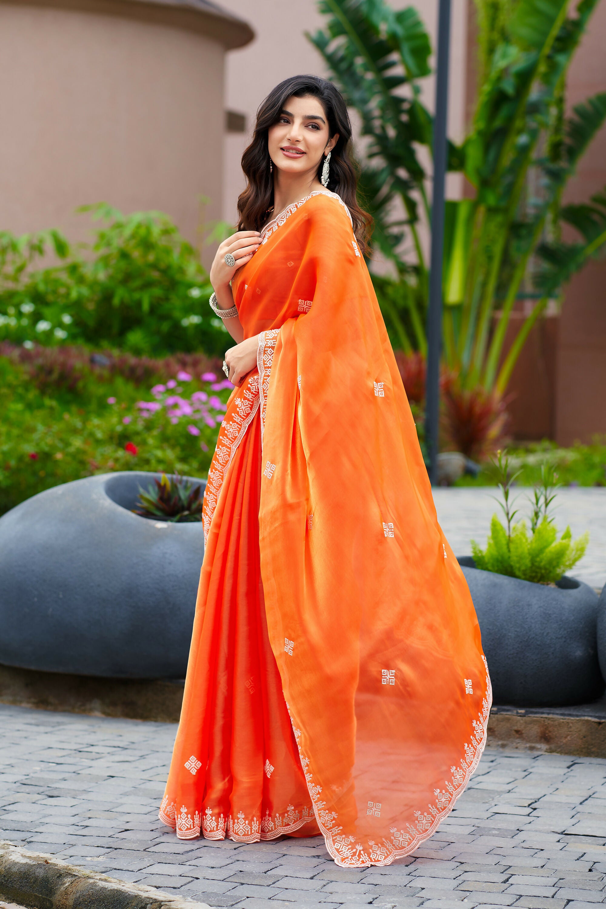 Vastranavya Orange Embroidery Work Shimmer Chiffon Saree with Unstitched Blouse