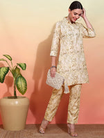 Thumbnail for Ode by House of Pataudi Women Printed Regular Linen Kurta with Trousers - Distacart
