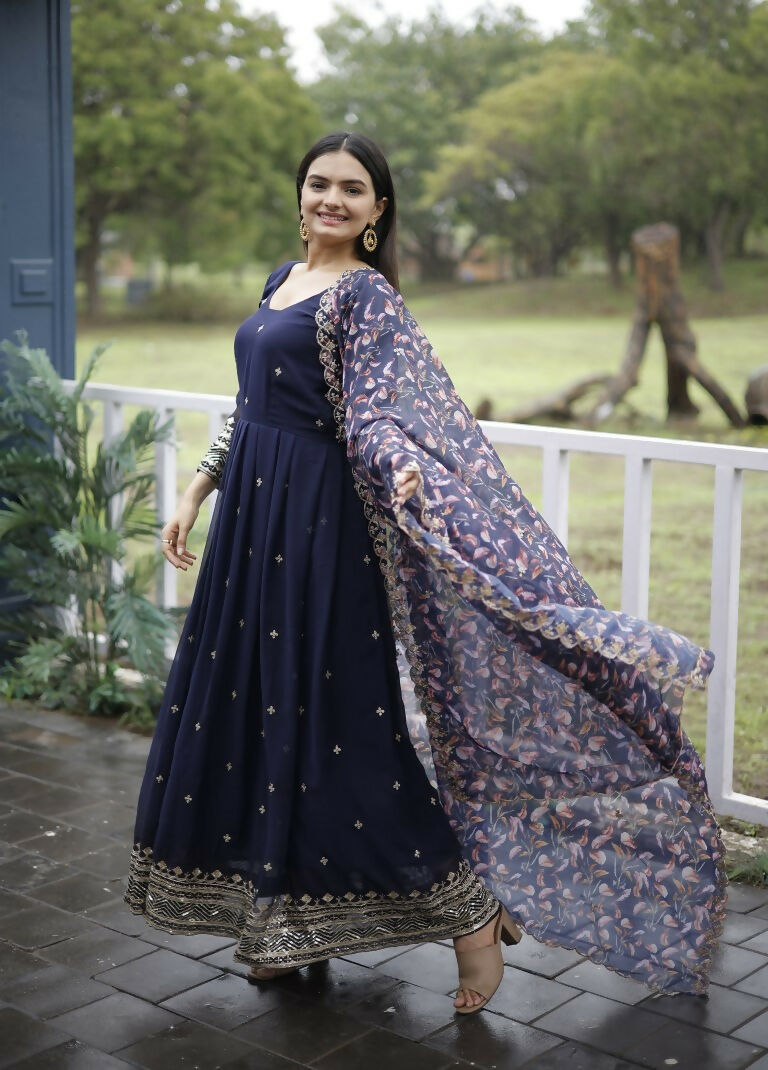 Jyoti Fashion Women's Navy Blue Faux Blooming Sequins with Zari Embroidery Anarkali Dress with Dupatta - Distacart