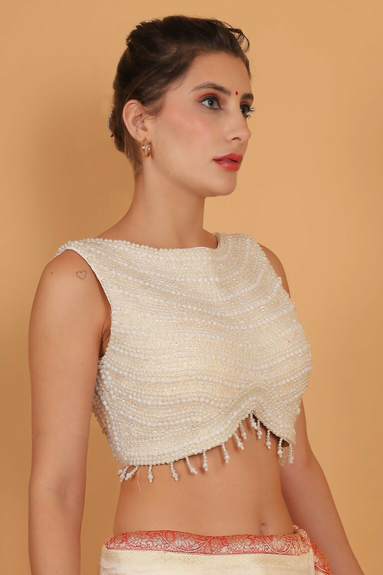 Joban Fashion Silk Pearl And Beads Hand Embroidery Padded Blouse - White