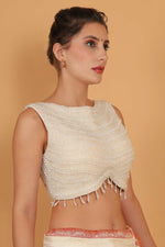 Thumbnail for Joban Fashion Silk Pearl And Beads Hand Embroidery Padded Blouse - White