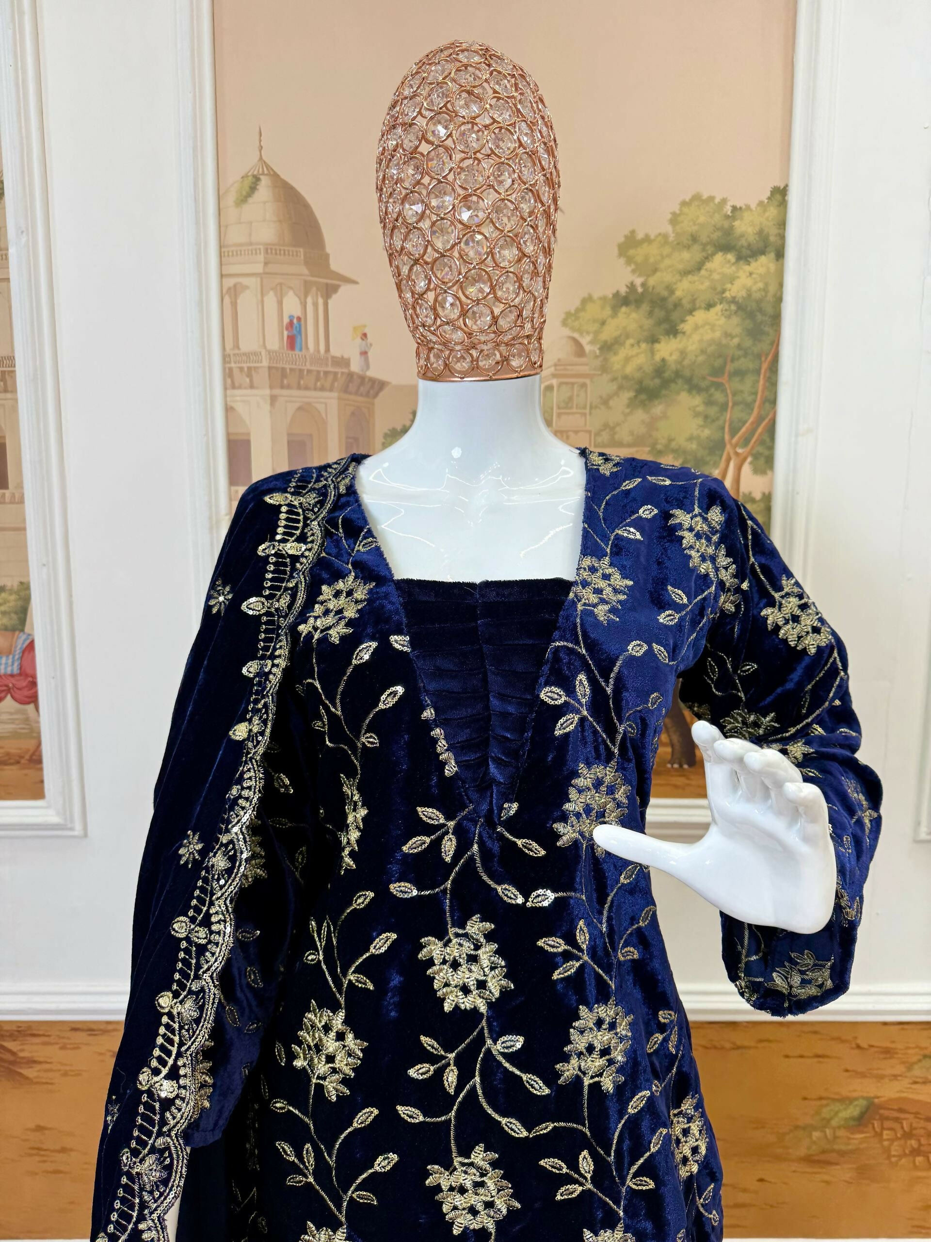 Vastranavya Blue Velvet Front Embroidery Work Kurta With Bottom & Dupatta