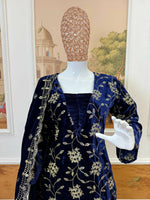 Thumbnail for Vastranavya Blue Velvet Front Embroidery Work Kurta With Bottom & Dupatta