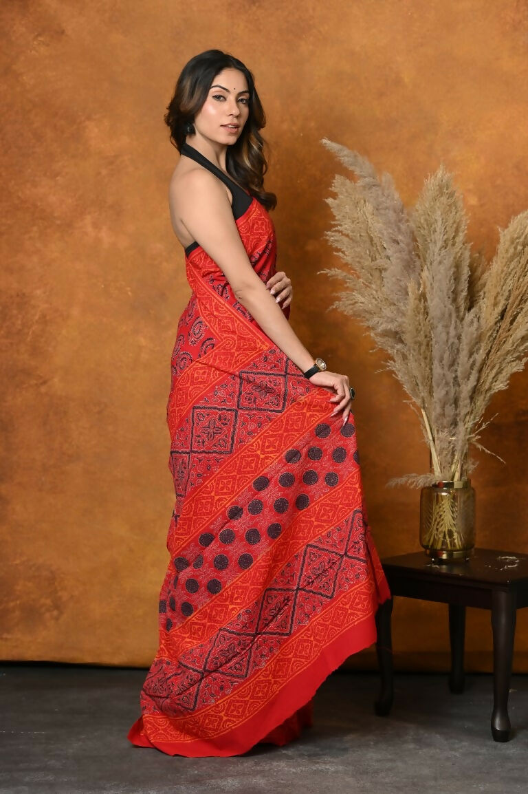 Very Much Indian Handblock Printed Cotton Saree With Natural Dyes - Red - Distacart