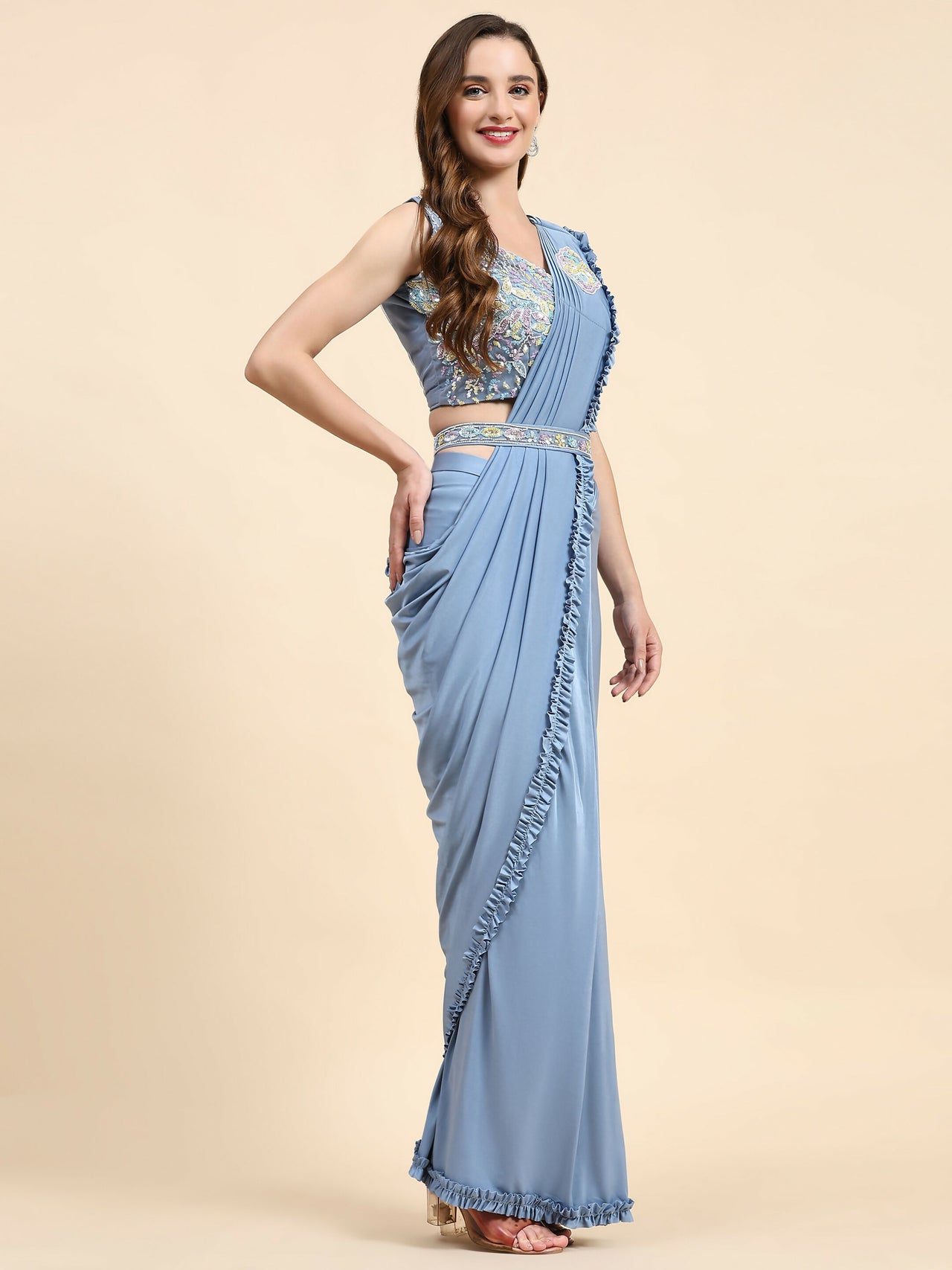 Blue Lycra Solid Ready to wear Saree with stitched Blouse - Vanita - Distacart