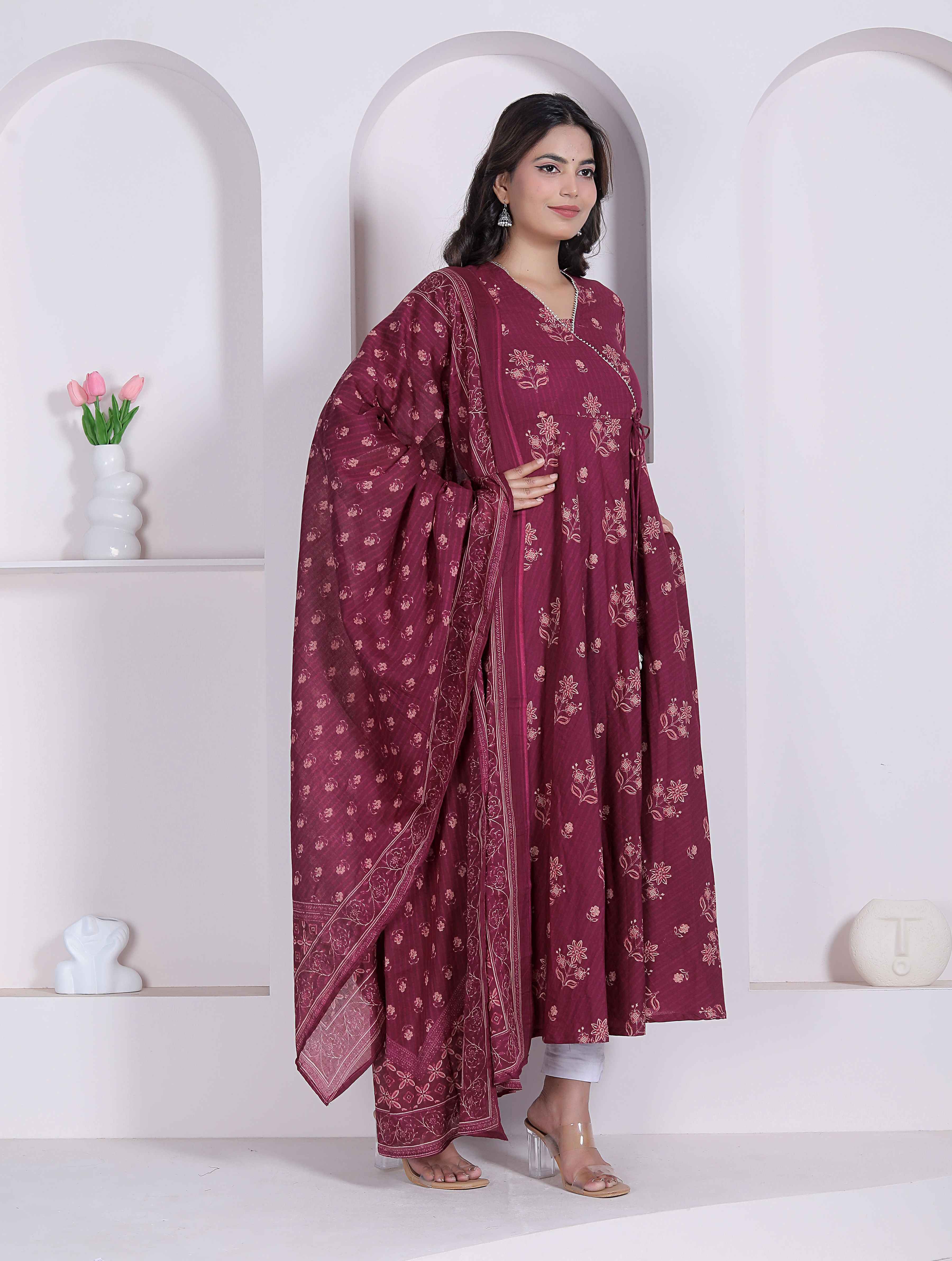 Miravan Womens Maroon Floral Printed Angrakha Pure Cotton Kurta And Dupatta - Dista