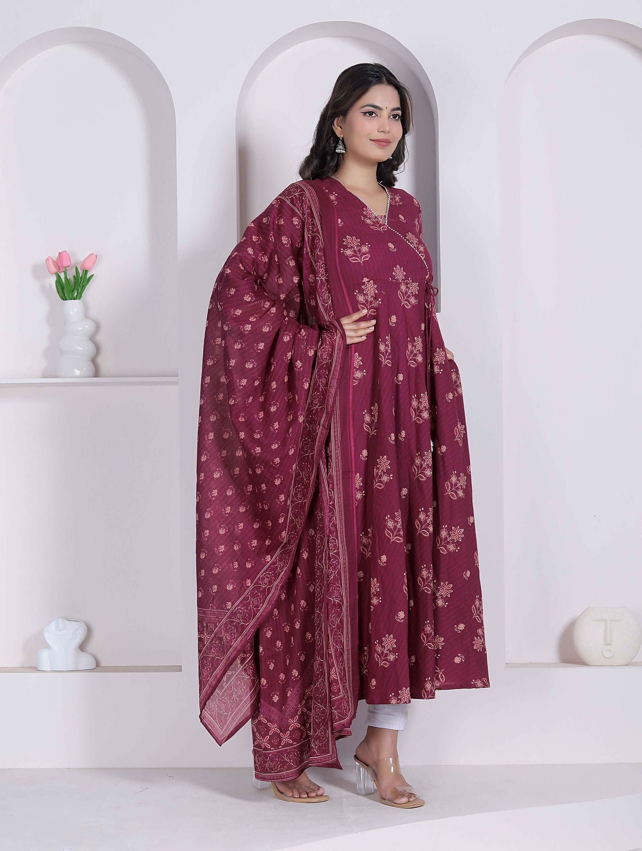 Miravan Womens Maroon Floral Printed Angrakha Pure Cotton Kurta And Dupatta - Dista