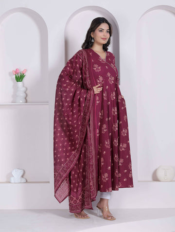 Miravan Womens Maroon Floral Printed Angrakha Pure Cotton Kurta And Dupatta - Dista