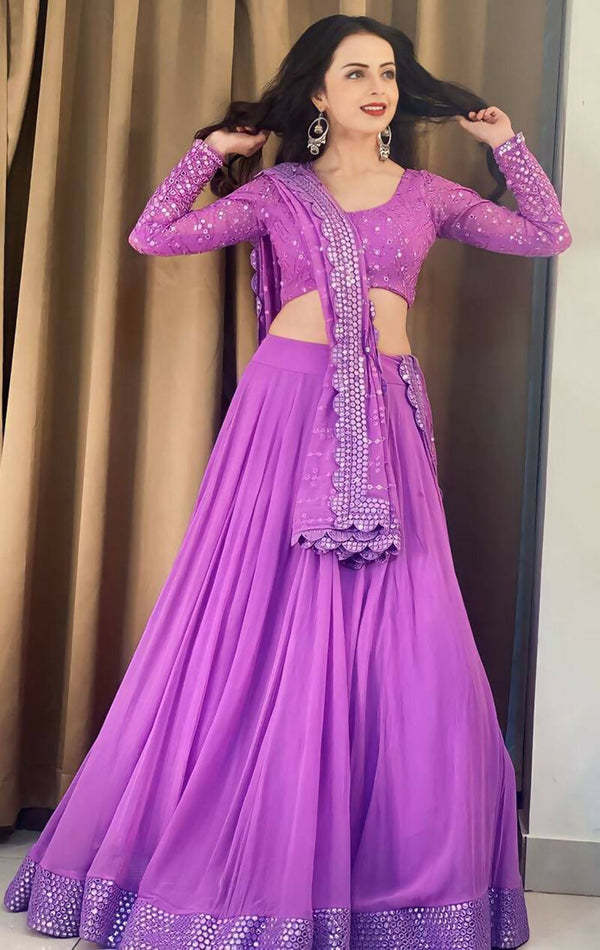 Jyoti Fashion Beautiful Lavender Sequence with Thread Embroidery work Faux Georgette Lehenga Choli with Dupatta - Distacart