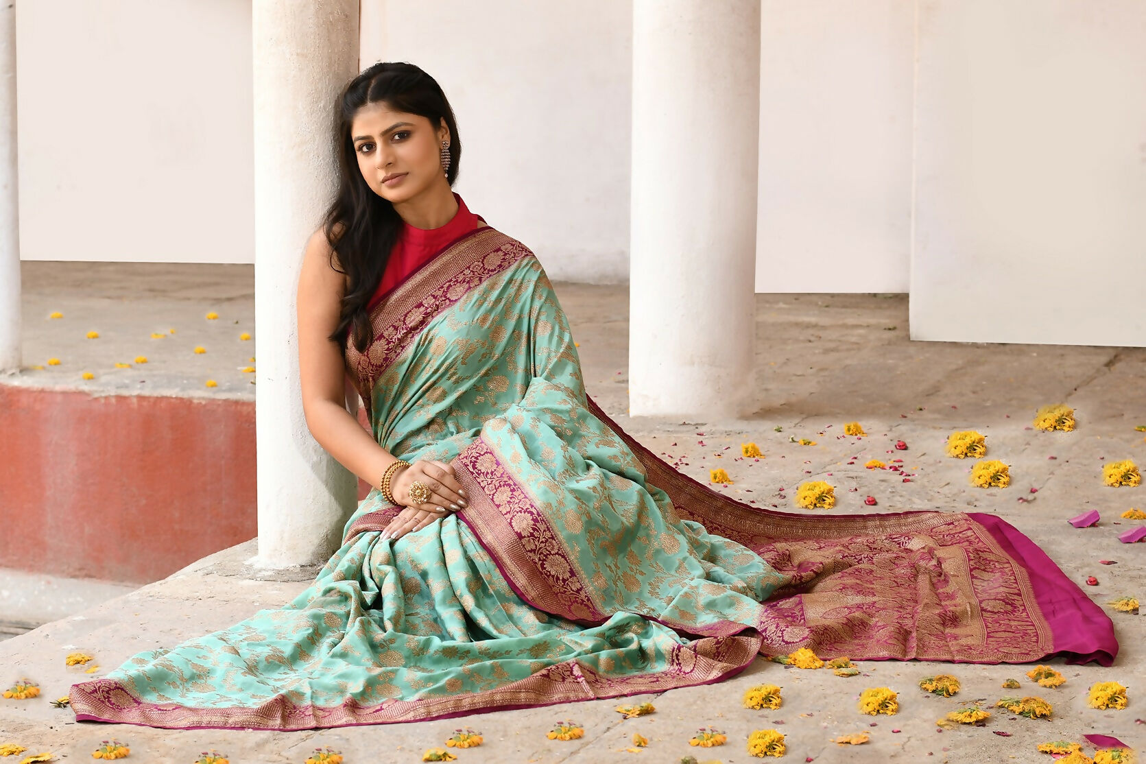Joban Fashion Aqua Crepe Chiffon Pure Handloom Banarasi Silk Saree
