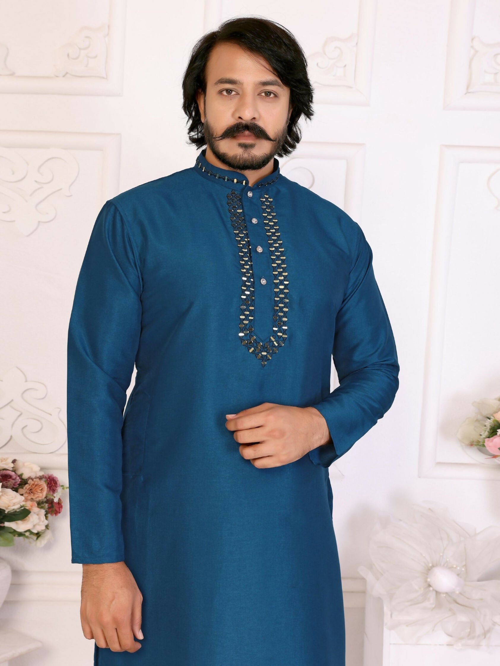 Anaita Teal Silk Straight Kurta With Neck Mirror Work - Distacart
