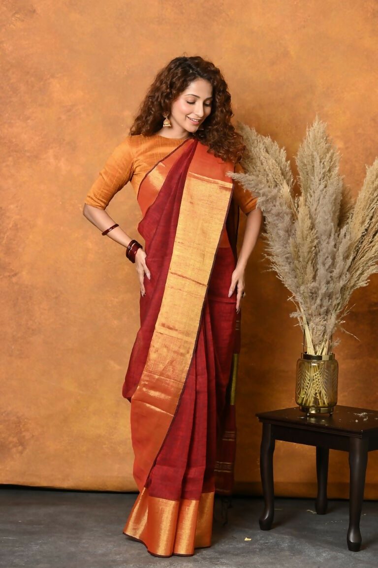 Very Much Indian Handloom Pure Cotton Linen Saree With Golden Border - Dark Maroon - Distacart