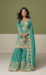 Thumbnail for Anaita Sky Blue Real Shimmer Readymade Suit with Embroidery & Real Mirror Work - Distacart