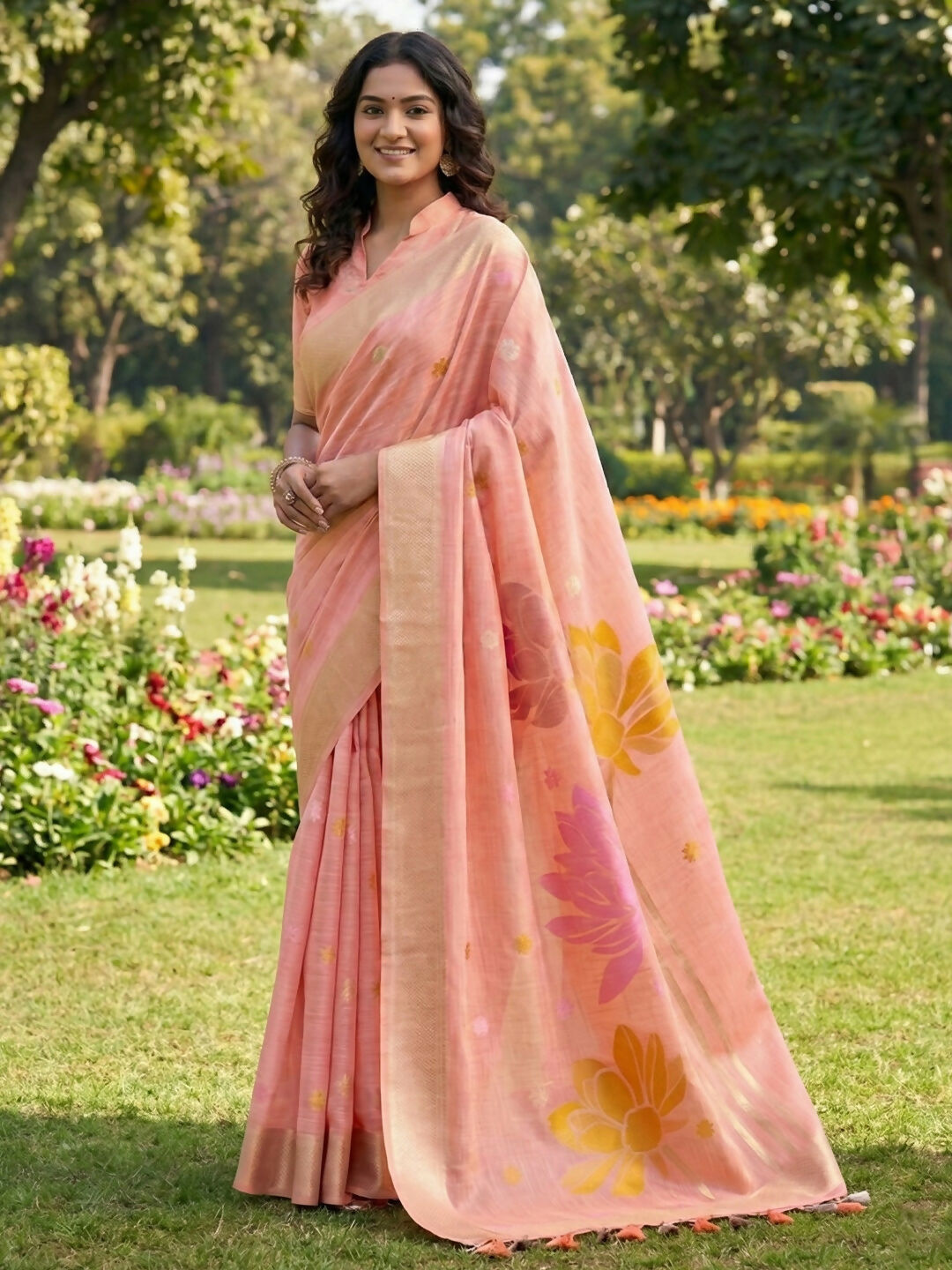 Astita Peach Linen Cotton Saree - Distacart
