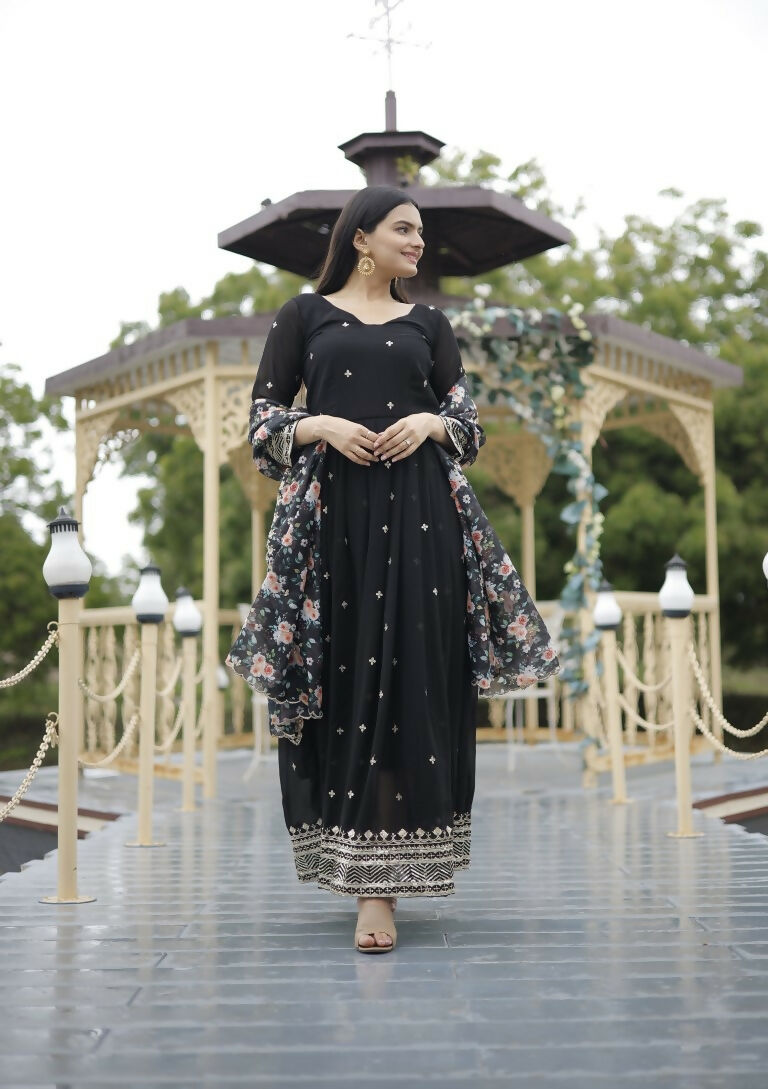 Jyoti Fashion Women's Black Faux Blooming Sequins with Zari Embroidery Anarkali Dress with Dupatta - Distacart
