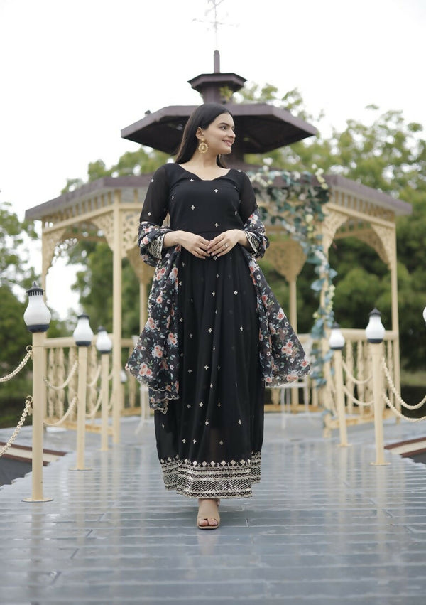Jyoti Fashion Women's Black Faux Blooming Sequins with Zari Embroidery Anarkali Dress with Dupatta - Distacart