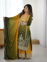 Thumbnail for The52 Women's Gorgeous Chinon silk Fabric Embroidery Work Straight Kurta Palazzo and Dupatta Set - Distacart