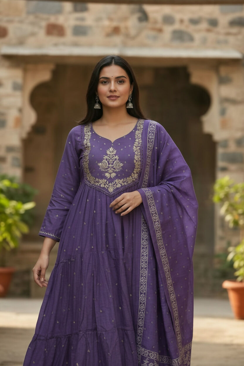 The52 Women's Beautiful Cotton Fabric Embroidery Work Flared Anarkali Pant and Dupatta Set - Distacart