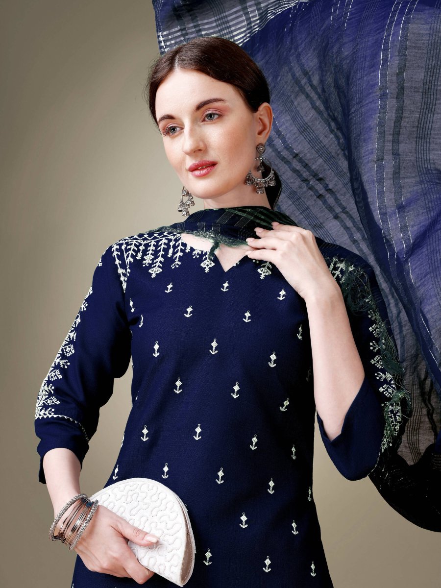 Aastha Fashion Women's Navy Blue Cotton Blend Embroidery & Sequence Work Kurta with Trouser & Dupatta - Distacart