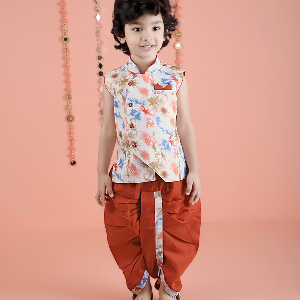Joban Fashion Kids Island Cotton Sleeveless printed Kurta and Solid Dhoti - Rust - Distacart