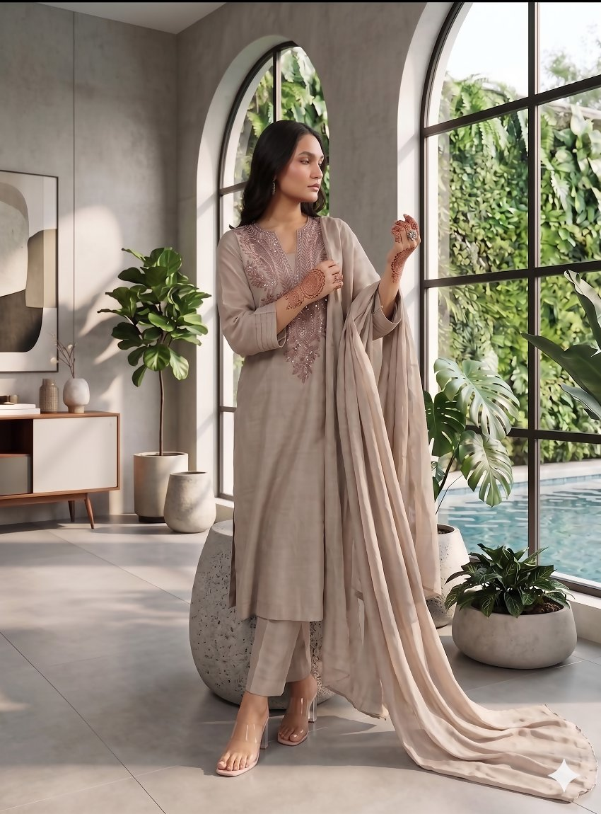 Teeya Creation Trends Grey Embroidered Kurta With Pant And Dupatta Set - Dista