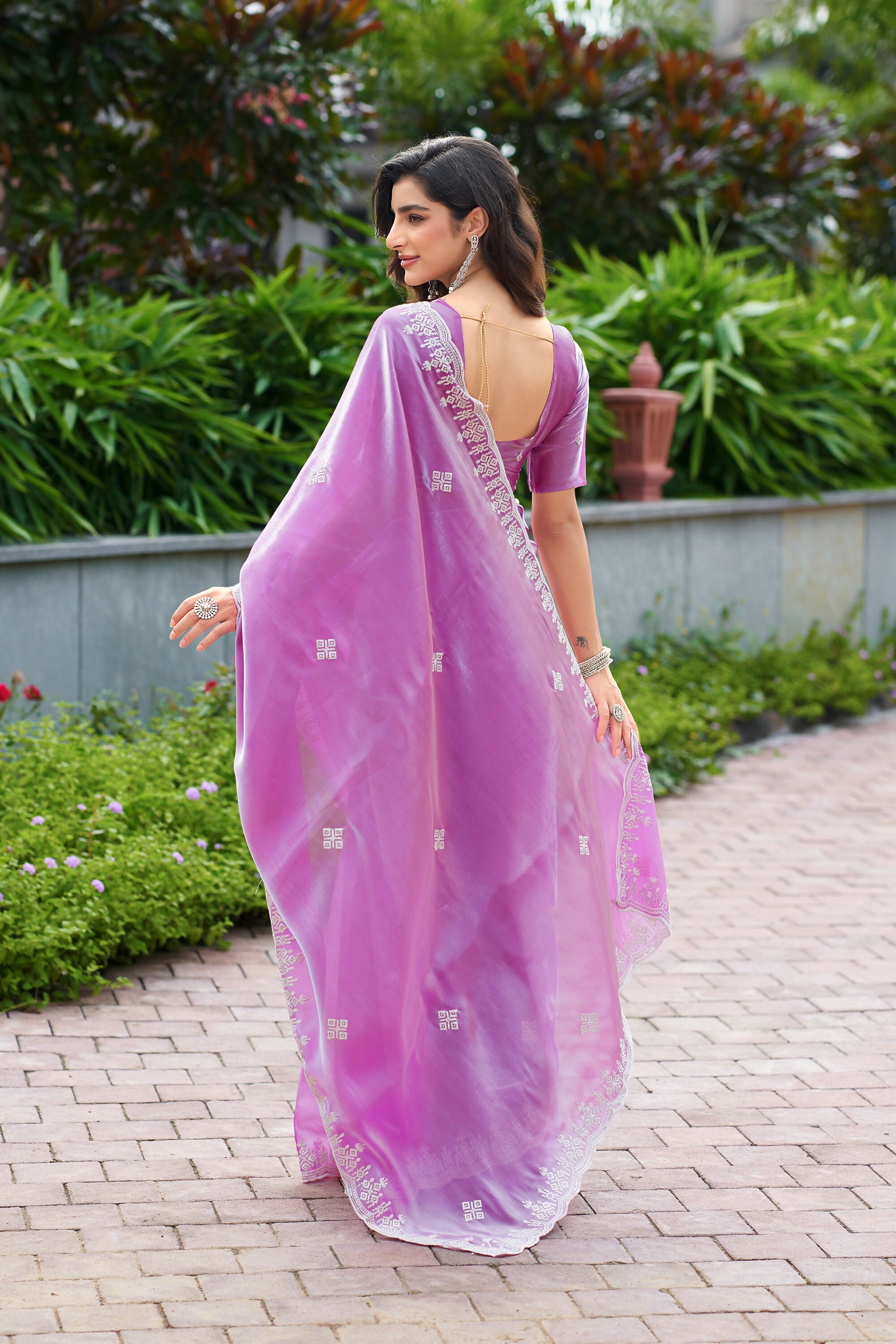 Vastranavya Light Pink Embroidery Work Shimmer Chiffon Saree with Unstitched Blouse