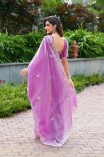 Thumbnail for Vastranavya Light Pink Embroidery Work Shimmer Chiffon Saree with Unstitched Blouse