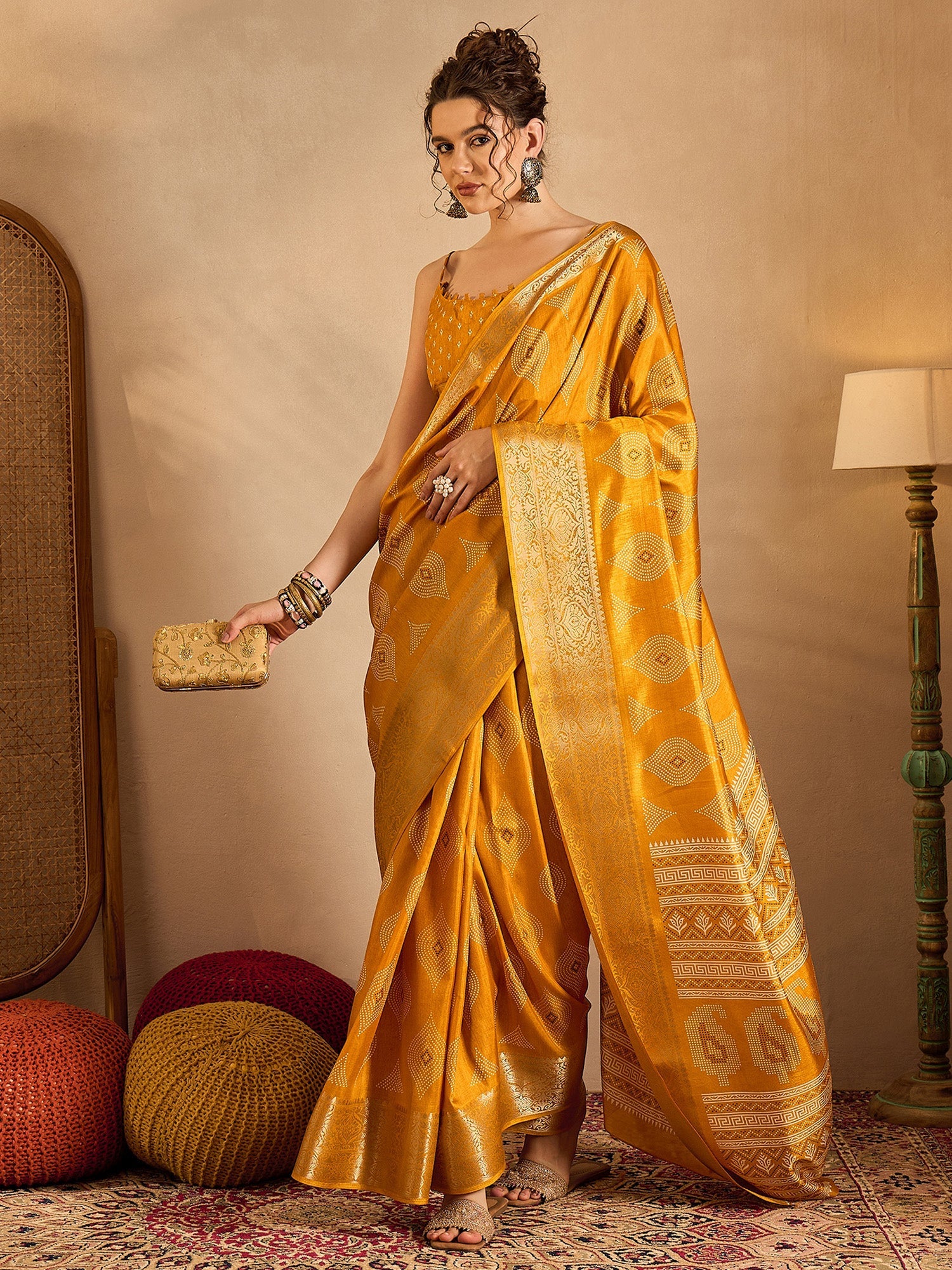 NOZ2TOZ Women's Silk Blend Yellow Printed Designer Saree With Blouse Piece - Distacart