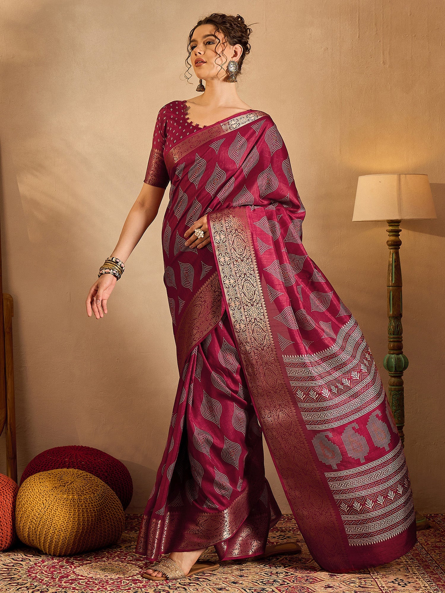 NOZ2TOZ Women's Silk Blend Magenta Printed Designer Saree With Blouse Piece - Distacart