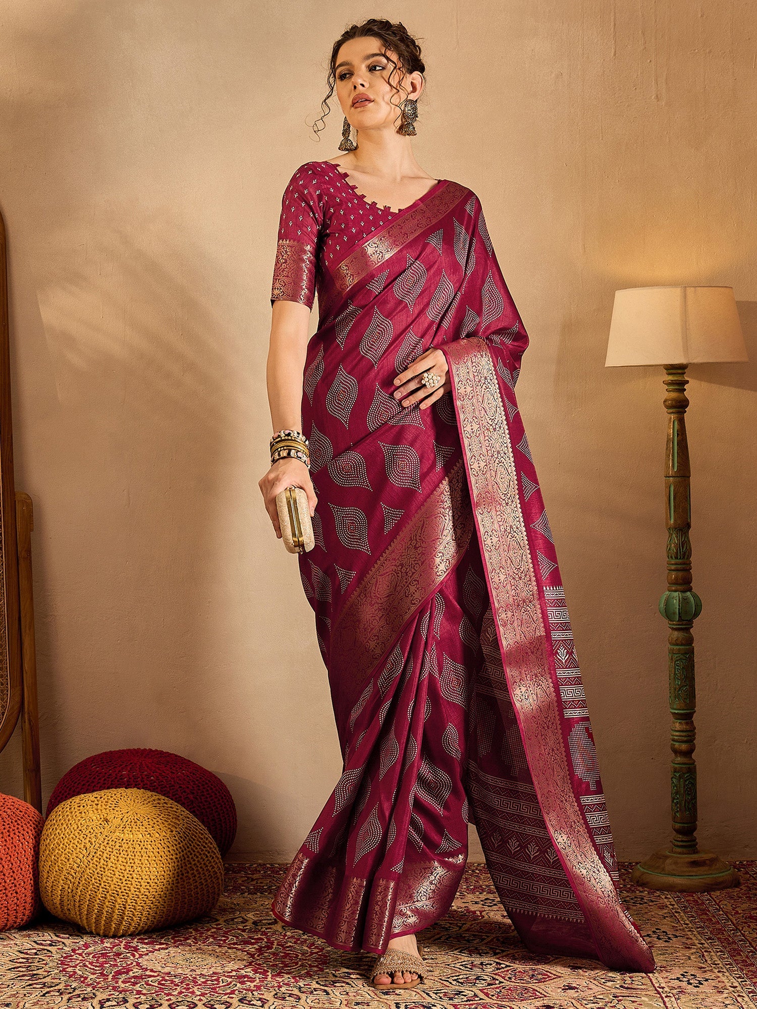 NOZ2TOZ Women's Silk Blend Magenta Printed Designer Saree With Blouse Piece - Distacart