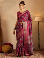 Thumbnail for NOZ2TOZ Women's Silk Blend Magenta Printed Designer Saree With Blouse Piece - Distacart