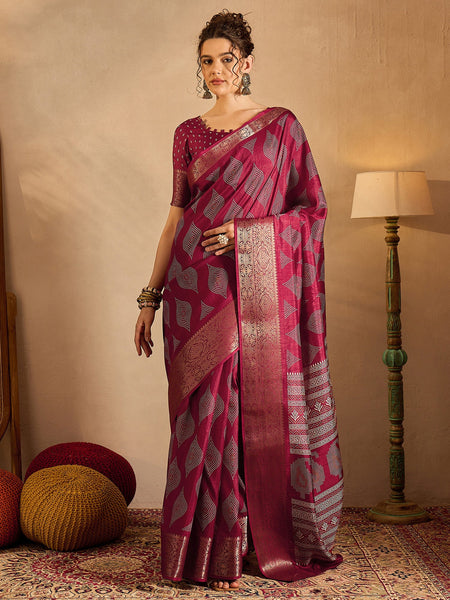 NOZ2TOZ Women's Silk Blend Magenta Printed Designer Saree With Blouse Piece - Distacart