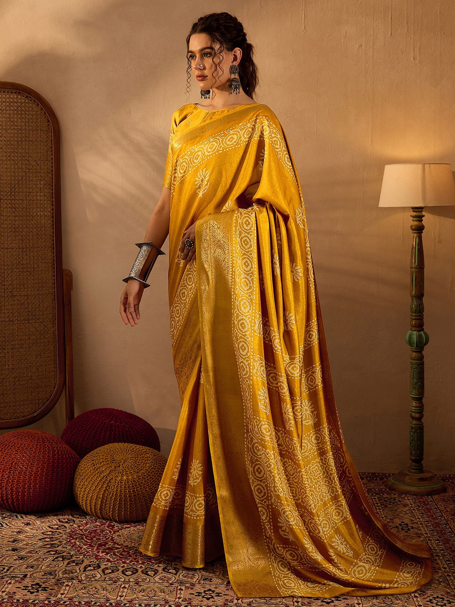 NOZ2TOZ Women's Silk Blend Mustard Printed Designer Saree With Blouse Piece - Distacart