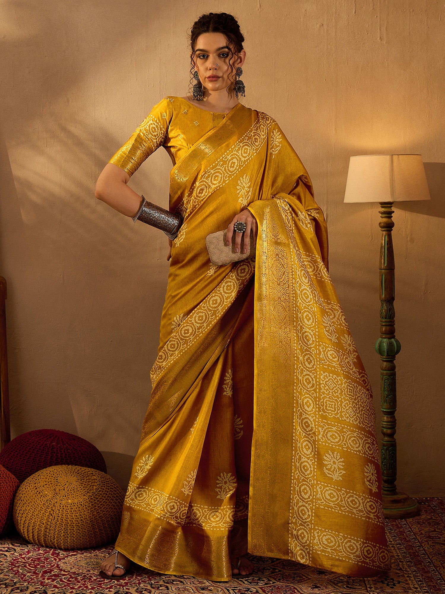 NOZ2TOZ Women's Silk Blend Mustard Printed Designer Saree With Blouse Piece - Distacart