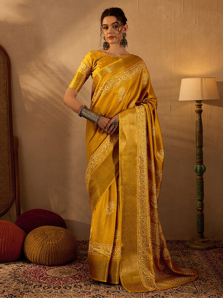 NOZ2TOZ Women's Silk Blend Mustard Printed Designer Saree With Blouse Piece - Distacart