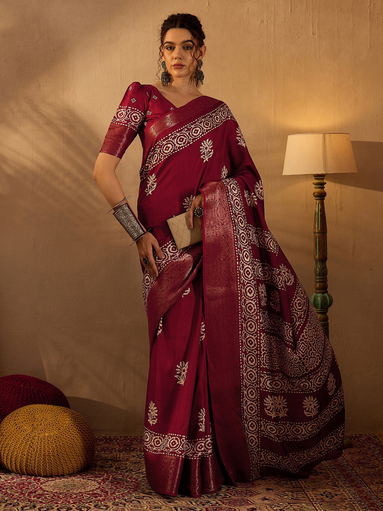 NOZ2TOZ Women's Silk Blend Maroon Printed Designer Saree With Blouse Piece - Distacart