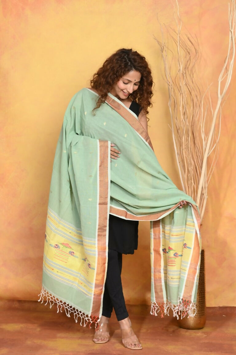 Very Much Indian Handloom Pure Cotton Paithani Dupatta - Sea Green - Distacart