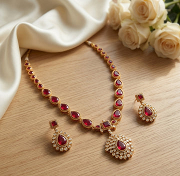 Jewel City Gold Plated Ruby Indian Jewelry Set Wedding Necklace with Earrings | Bollywood Bridal Festival Wear - Dista
