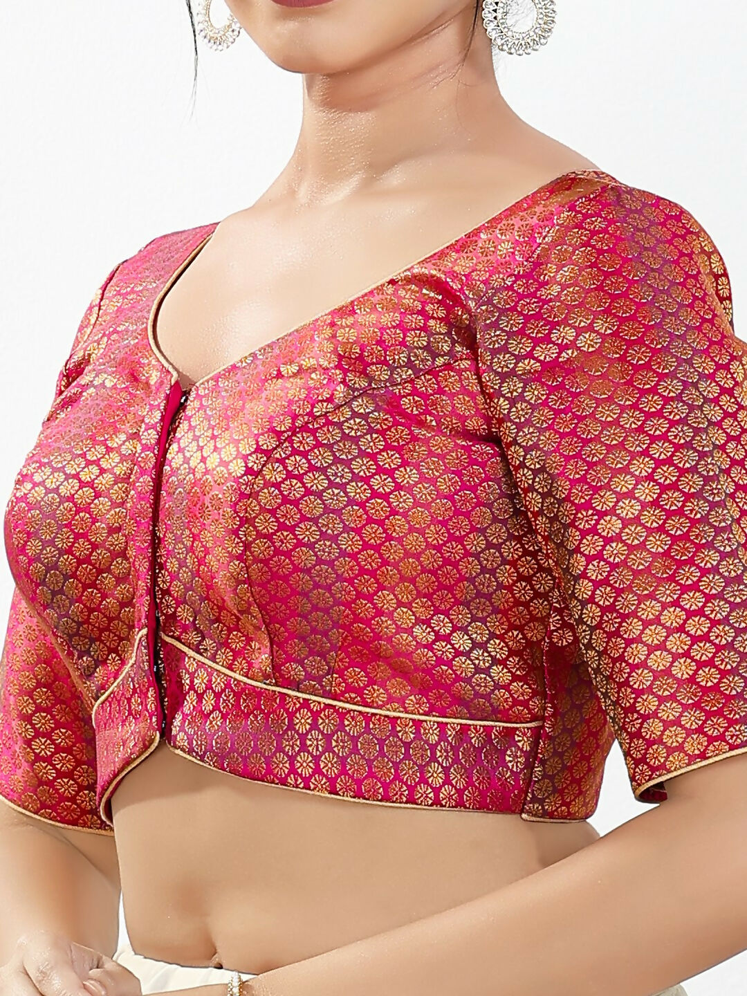 Joban Fashion Pink Brocade Padded Blouse With Sweetheart Neck Elbow Sleeves