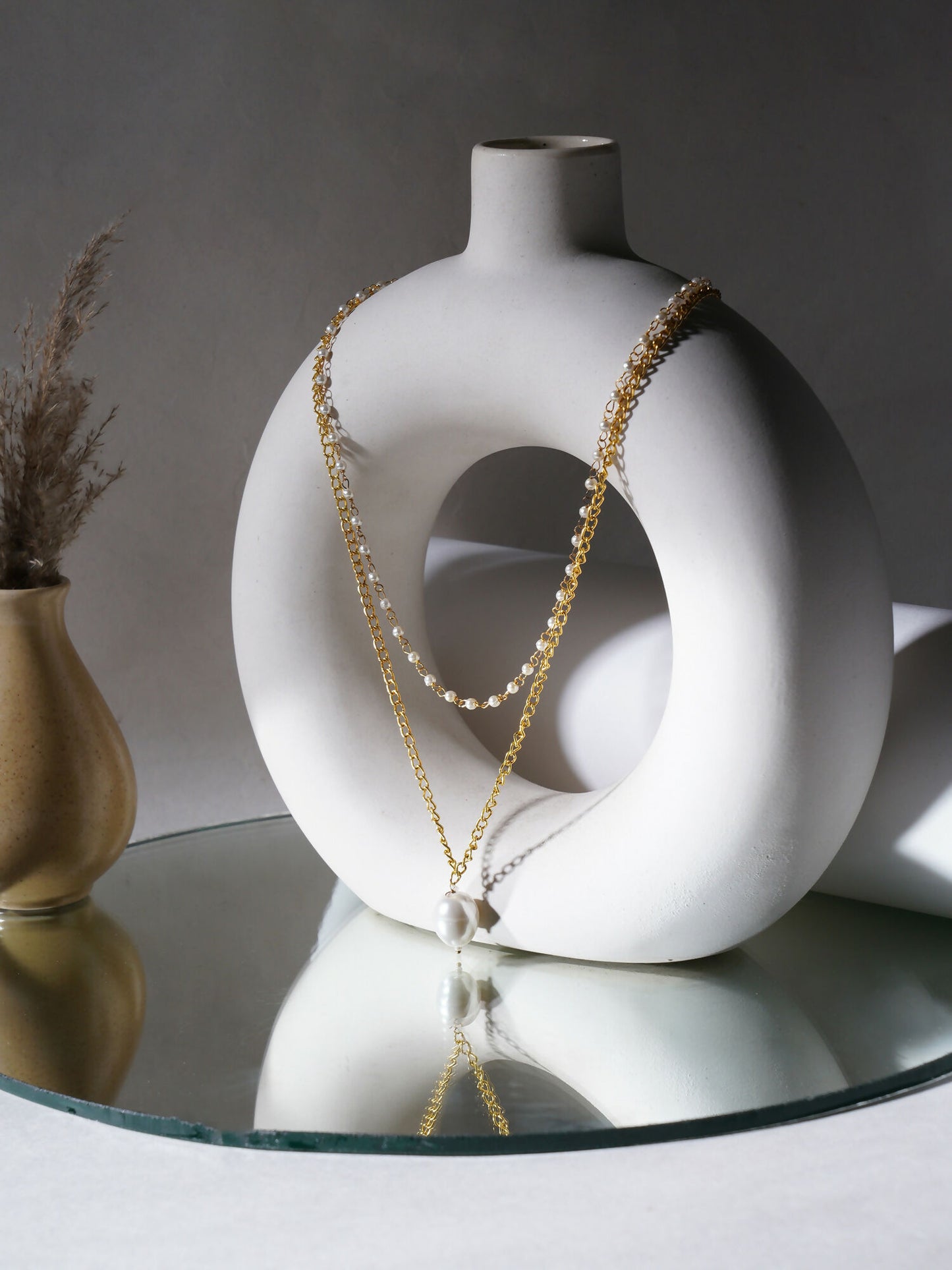 Layered Pearl and Gold Neckpiece with Emeralds (Gold) - Ruby Raang - Distacart