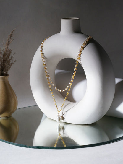 Layered Pearl and Gold Neckpiece with Emeralds (Gold) - Ruby Raang - Distacart