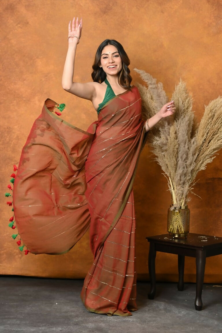 Very Much Indian Designer Mul Cotton Handloom Saree with Sequins - Dual Tone Red Green - Distacart